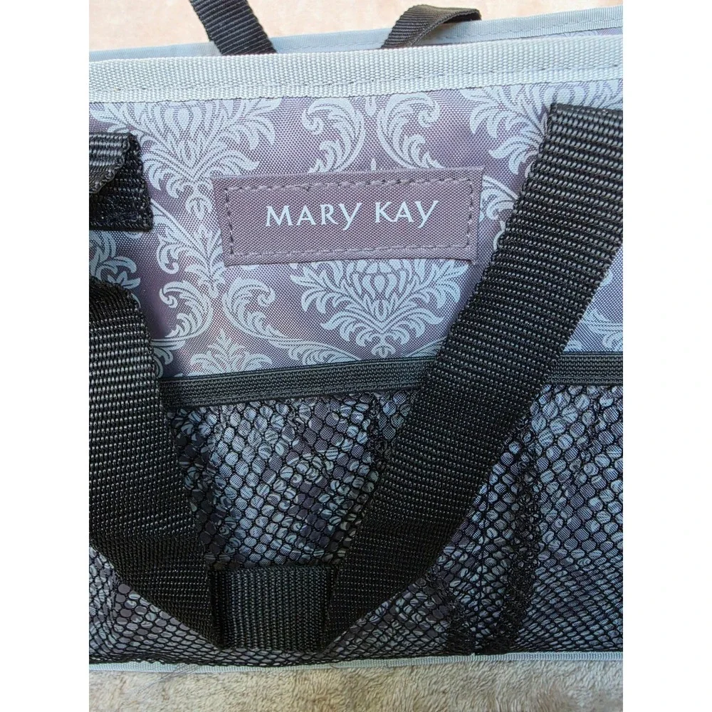 Mary Kay Consultant Organizer Tote Bag Grey Damask Mesh Pockets Travel Caddy